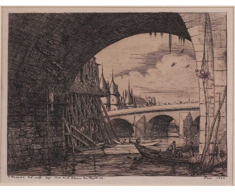 Charles Meryon (1821 – 1868), L’Arche du Pont Notre Dame, original etching, 1853, printed by Meryon, 4th state/7, plate 12.8c