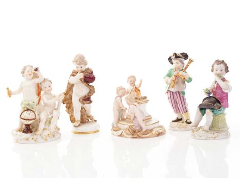 Five Meissen figures, including a group of putti depicting astronomy, 12 cm high, another group around a fire on a plinth, 9c