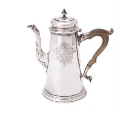 A George III silver tapering coffee pot, maker's mark either I.E or I.F, London 1737, with a bell shaped finial to the ogee d