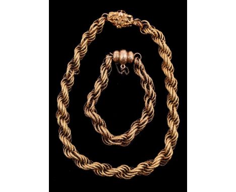 A ropetwist chain necklace and bracelet, with textured interlocking links, the necklace to a pierced scrolled clasp, 41cm lon