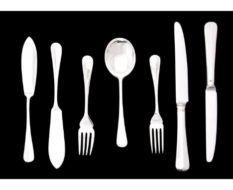 A collection of silver Hanoverian rat tail pattern flatware, comprising:Twelve soup spoons by Roberts & Belk Ltd., Sheffield 