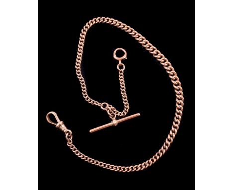 An early 20th century gold Albert chain, the graduated curb link chain to a lobster claw clasp and ring bolt clasp, suspendin