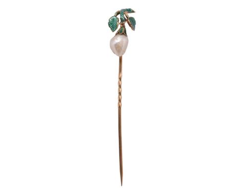 A mid Victorian pearl stickpin, circa 1870, the baroque pearl measuring approximately 8.5mm long with a green enamelled cap, 