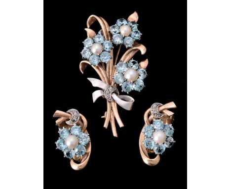 A mid 20th century blue zircon, cultured pearl and rose cut diamond floral spray brooch and matching ear clips, the two colou