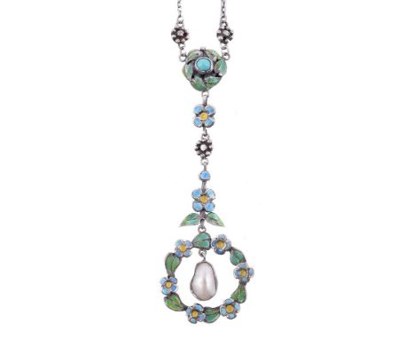 A silver Arts and Crafts enamel and blister pearl pendant necklace, circa 1930, the drop composed of a circlet of forget-me-n