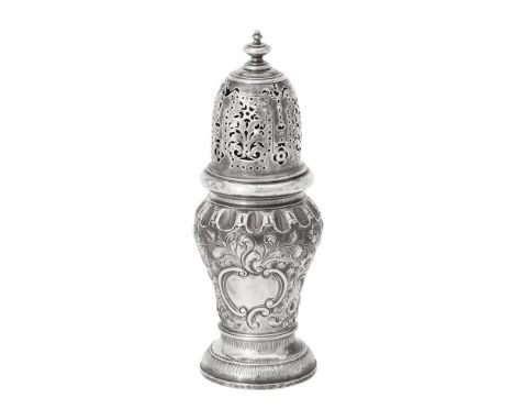 
	
		A Queen Anne silver caster by Pentecost Symonds, Exeter 1712, later chased with foliate and floral sprays, 19.5cm (7 1/2
