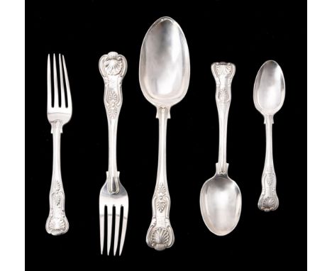 A Victorian silver King's pattern part table service for six place settings by George Adams, London 1869, engraved with a cre