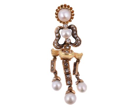 A late 19th/early 20th century French pearl and diamond pendant, the pearl pediment suspending a diamond set  lobed bow with 