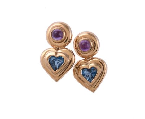 A pair of amethyst and blue topaz earrings, the circular cabochon amethyst within polished settings, to heart shaped blue top