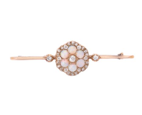 A late Victorian opal and diamond cluster bar brooch, circa 1900, the opal and old mine cut flower head cluster with two furt