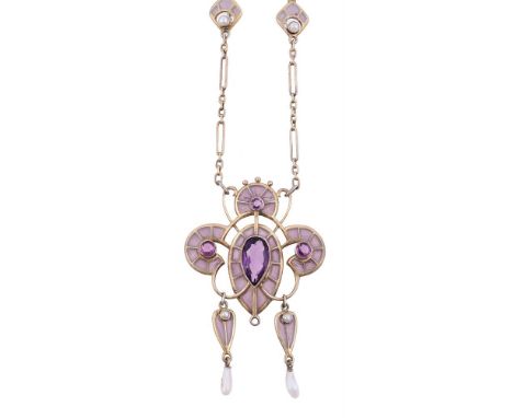 An Art Nouveau plique à jour, Mississippi pearl and purple paste pendant, circa 1910, the pierced and shaped panel with lilac
