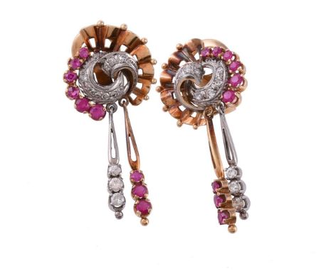 A pair of 1960s synthetic ruby and diamond ear pendants, the round ruffled style pediments set with a swirl of eight cut diam