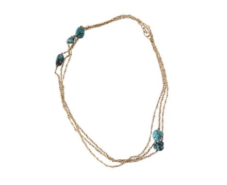 An early 20th century Arts and Crafts turquoise matrix and gold long chain, the fancy link chain with tumbled turquoise matri
