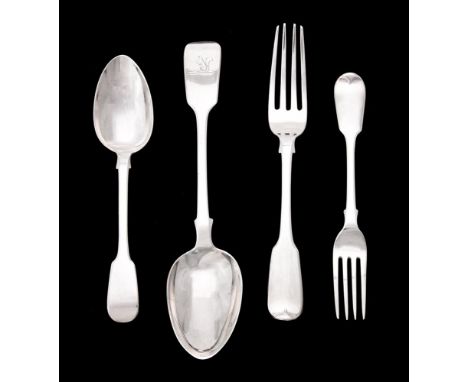 A collection of silver fiddle pattern flatware, various makers and dates, some engraved with crests, comprising: Nine table s