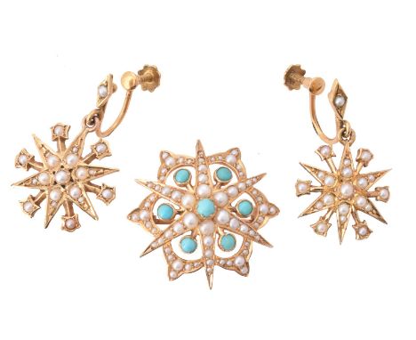 A late Victorian seed pearl and turquoise brooch and seed pearl star earrings, circa 1900, the brooch with pierced star panel