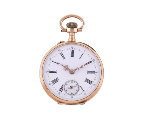 Unsigned,Gold open face keyless wind pocket watch, no. 17647Movement: Cylinder escapement, three armed domed balance, flat ba