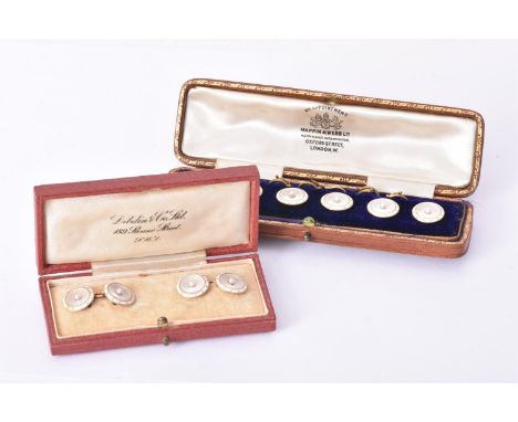 Y A pair of early 20th century mother of pearl and pearl cufflinks and six cased buttons, the cufflinks with circular mother 