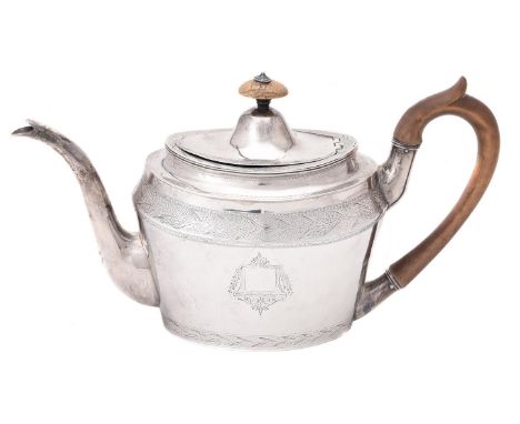 Y A George III silver oval tea pot by Henry Chawner, London 1796, with an ivory finial to the domed cover and a wood loop han