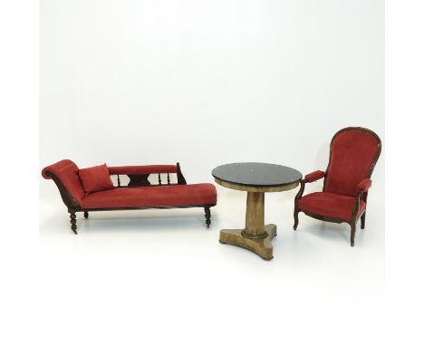 Consisting of velvet upholstered sofa  length 180 cm  armchair and Empire coffee table with marble top  diameter 83 cm. This 