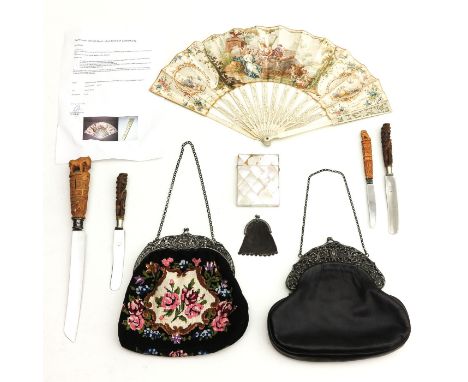 Consisting of among other things a 19th century fan peardemes and silver clip bag. This lot will not be shipped outside the E
