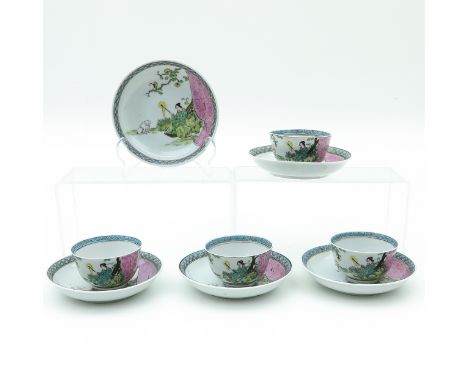 Including 4 cups and 5 saucers, depiting Chinese lady in garden with monkey, saucers are 12 cm. in diameter, chip and hairlin