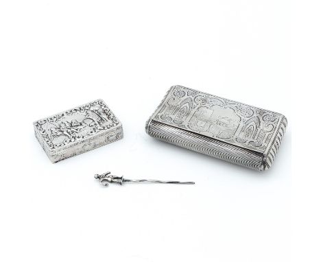 Consisting of a silver pipe cleaner  snuff box and 19th century tobacco box  length 13 cm.