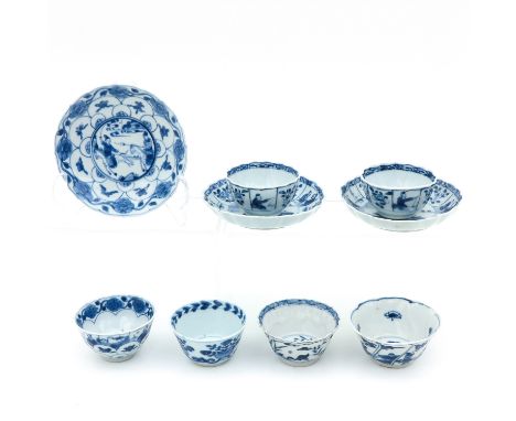 Including 6 cups and 3 saucers, decorated with Chinese figures on horseback, saucers are 10 cm. in diameter, chip and hairlin