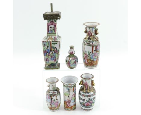 Including 6 vases, vase with lamp fittings is 25 cm. tall, in diverse conditions.