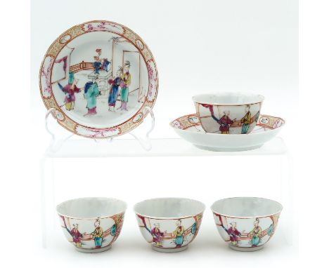Decorated with Chinese figures, saucers are 12 cm. in diameter, chip and hairline.
