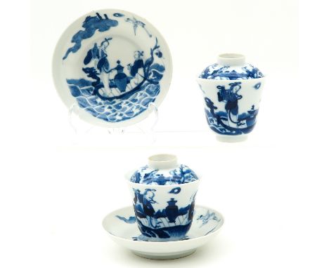 Depicting Lady in boat, saucers are 13 cm. in diameter, chip.