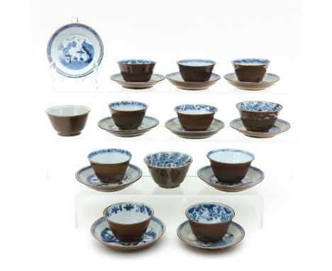 Including 12 cups and 11 saucers, landscape decor, largest saucers are 8 cm. in diameter, chip and hairline.