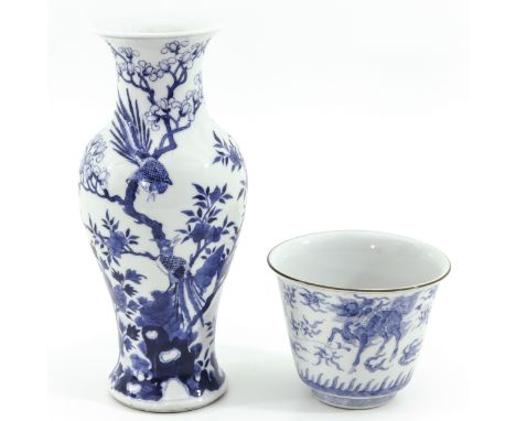 Vase is 26 cm. tall and decorated with flowers and birds with Kangxi mark in addition to blue and white bowl in Kylin decor 1