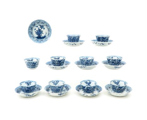 Floral decor, marked with double ring and Artemisia leaf, saucers are 13 cm. in diameter, chip.
