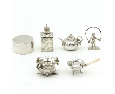 consisting of miniature saucepan and teapot with comfort possible 18th century  miniature silver tea caddy and rope jumper  a
