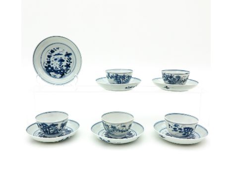 Including 5 cups and 6 saucers, floral decor, saucers are 13 cm. in diameter, chip and hairline.