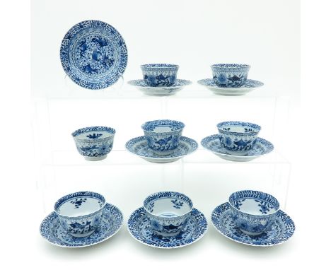 Depicting sea creatures, saucers are 14 cm. in diameter, Kangxi mark, chip.