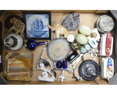 Selection of ceramics to include Nautical Delft Tile, Porcelain Horse made in Russia, Marble Sculptured Elephant, Trinket box