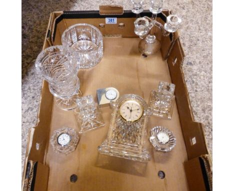 A Collection of Crystal to include mostly Waterford including candlesticks, bowls. clocks (1 Tray)