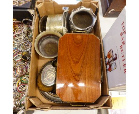 A Collection of Silverplate and Pewter items including Plated Hood Snuff Box, Sorrento Marquetry Tray (1 Tray)