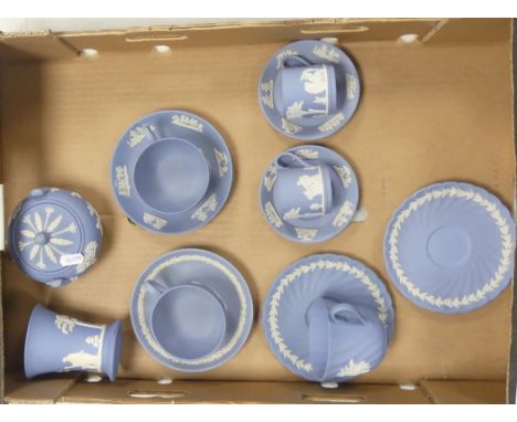 Wedgwood Pale Blue Jasper Tea War To Include Two Cups &amp; Saucers, Two Coffee Cans &amp; Saucers, Lidded Sugar Bowl and One