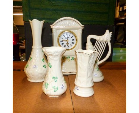 Belleck Ceramics To Include Mantle clock, Three Various Vases Tallest 18cm and A/F Also A Harp(5)