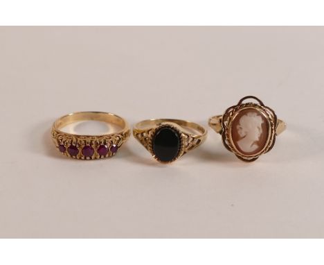 Three 9ct gold dress rings, each stone set with, cameo, Onyx and red stones, sizes J-K, 7.1g. (3)