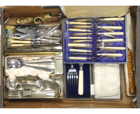 Selection of Cutlery to include unboxed knives, forks and spoons. Boxed Serving Set, Fish Set and Three Brass ornamental shoe