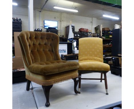 Pair of Occasional ChairsOne in green fabric upholstered curved button back with mahogany cabriole legs. Height - 82cmOther i