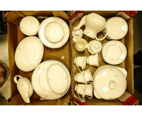 A collection of Royal Doulton Carnation  tea and dinner ware to include 6 trios, teapot, milk jug, sugar bowl, dinnerplates r