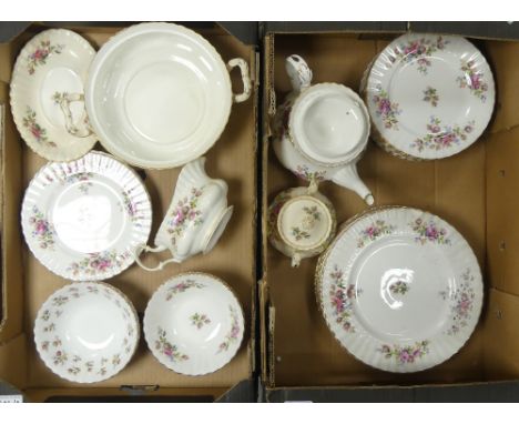 Royal Albert, Moss Rose Pattern Teaware including Teapot, Tureen missing lid, Sauceboat and Saucer, Bowls, Side Plates, Dinne