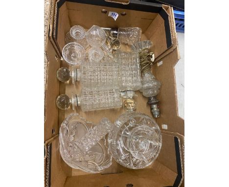 Assorted Crystal Type Glass To Include Handled Bowl, Sugar Sifter,  Three Decanters, Glass Lamp, Candle Sticks Etc.(1Tray)