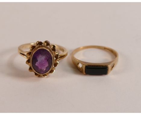 9ct gold dress ring set with oval amethyst stone, size K, 2.5g and 9ct black onyx ring, size L, 1g. (2)