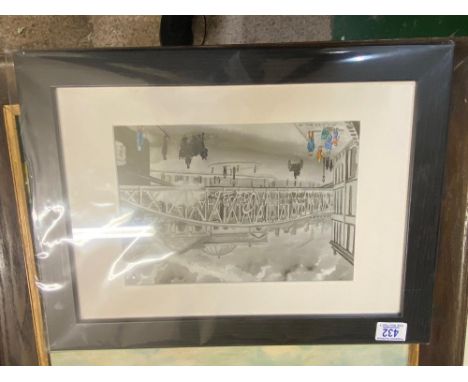 A Framed Print By S. Kirkham Depicting Longton Town, Stoke-on-Trent( The Potteries)The Railway Bridge Next To The Crown Hotel