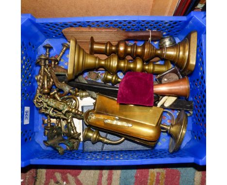 A Collection of Mostly Metalware including Brass Candlesticks, Crumb Tray, Souvenir Coin, Coat Hangers etc.